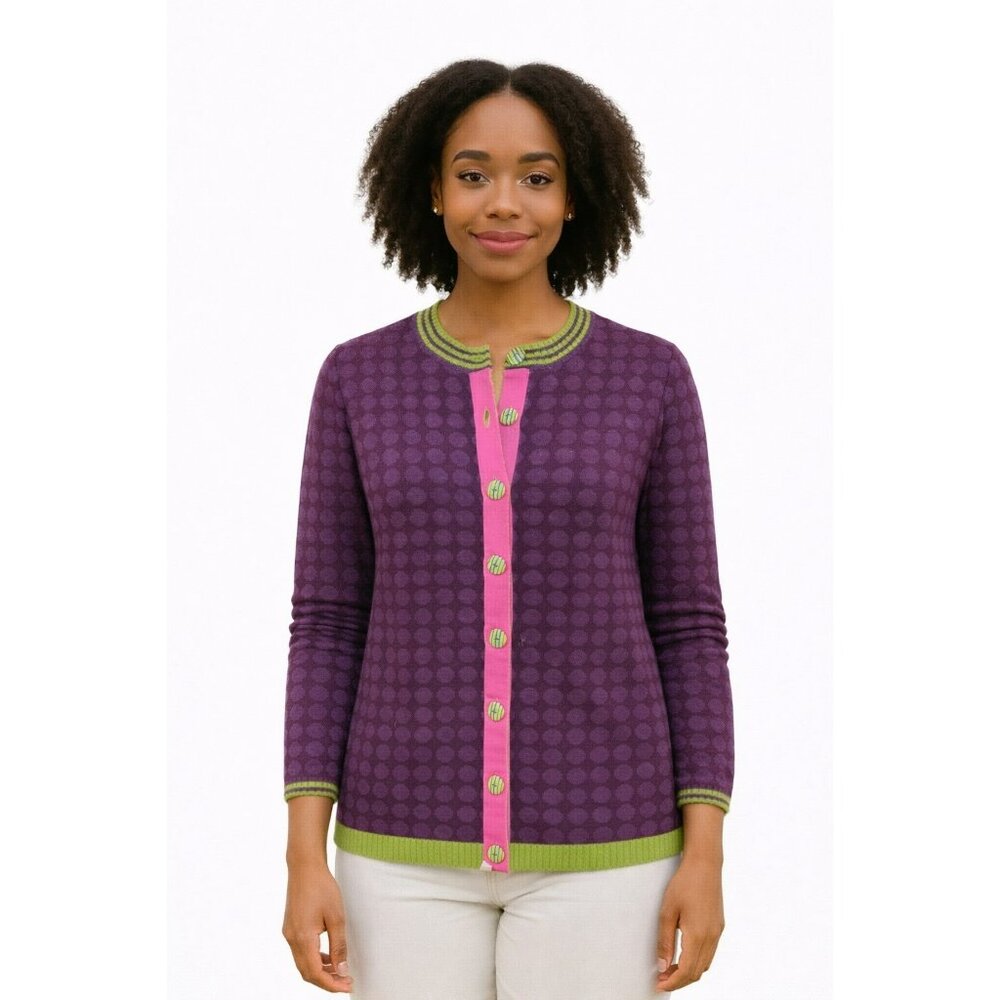Neve Lambswool Blend Polka Dot Cardigan Sweater Womens Large Purple/Green/Pink